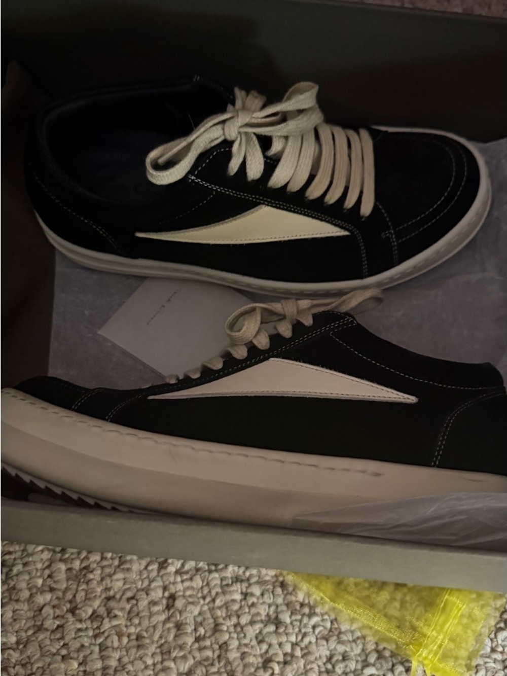 Rick Owens Black and Cream Low-Top Sneakers